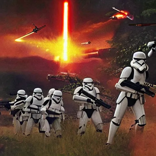 Image similar to star wars clone troopers combat soldiers in vietnam, photo, old picture, lush landscape, jungle, firearms, explosions, helicopters, aerial combat, active battle zone, flamethrower, air support, jedi, land mines, gunfire, violent, star destroyers, star wars lasers, sci - fi, jetpacks, agent orange, bomber planes, smoke, trench warfare