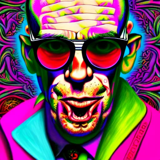 Image similar to an extremely psychedelic portrait of hunter s. thompson, surreal, lsd, face, detailed, intricate, elegant, lithe, highly detailed, digital painting, artstation, concept art, smooth, sharp focus, illustration