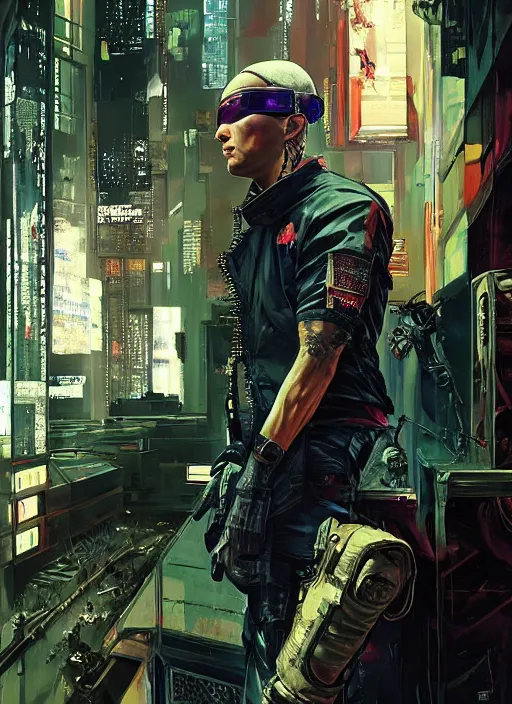 Image similar to Eminem ,Cyberpunk mercenary in tactical gear climbing a security fence. rb6s, (Cyberpunk 2077), blade runner 2049, (matrix). Epic painting by Craig Mullins and Alphonso Mucha. painting with Vivid color.