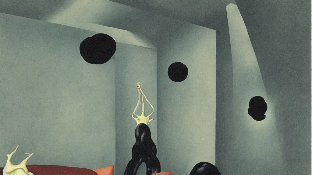 Image similar to A claymation of a strange creature crawling on the living room ceiling by René Magritte