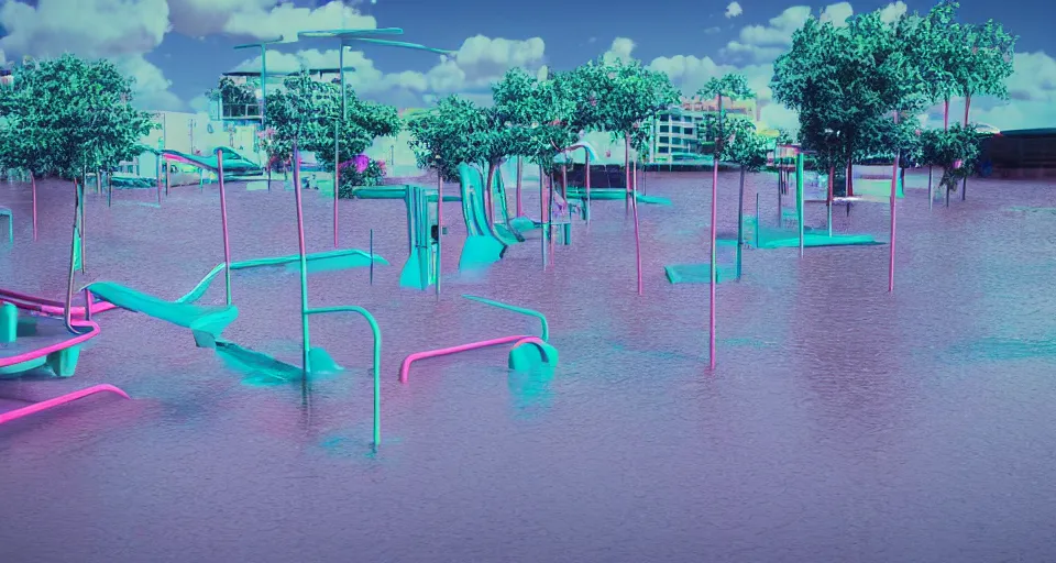 Image similar to 80s VHS vaporwave outrun 3d Render of a flooded playground, liminal space retro, grainy, noisy