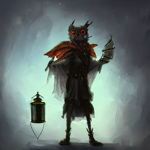 Image similar to a digital painting of post - apocalyptic moth character wearing a cloak and holding a lantern, dark, character art, epic dramatic fantasy digital art, trending on artstation