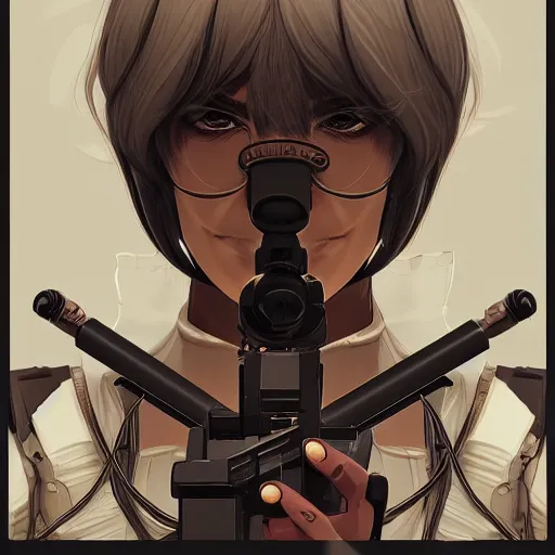Prompt: infernal sniper, androgynous, beautiful, detailed symmetrical close up portrait, intricate complexity, in the style of artgerm and ilya kuvshinov, cel shaded