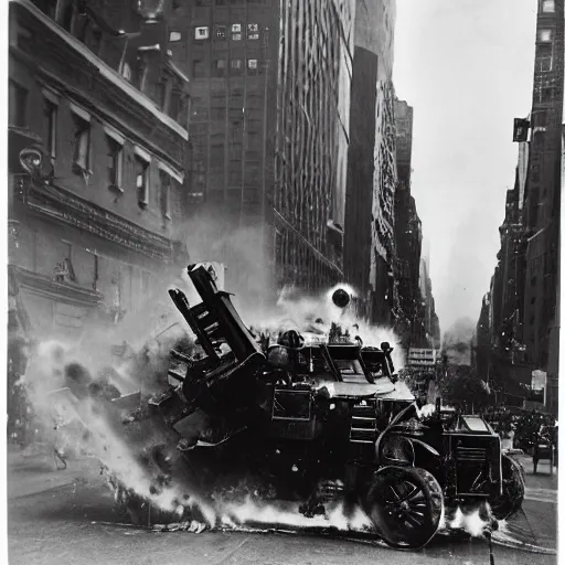 Image similar to old black and white photo, 1 9 1 3, depicting a diesel gundam rampaging through the bustling streets of new york city, historical record