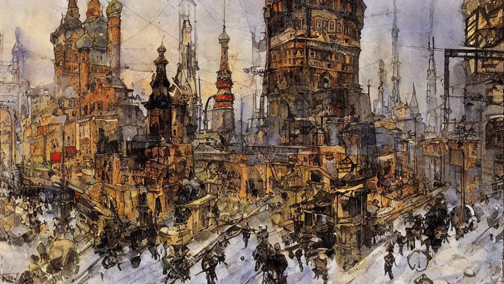 Image similar to russian revolution dieselpunk 1 9 1 0 cityscape, painting by carl larsson