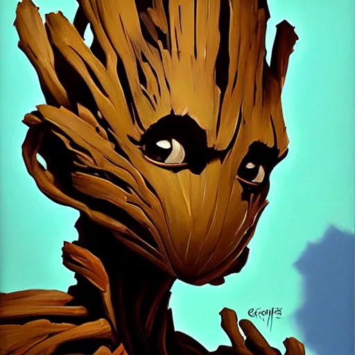 Image similar to Greg Manchess portrait painting of Groot as Overwatch character, medium shot, asymmetrical, profile picture, Organic Painting, sunny day, Matte Painting, bold shapes, hard edges, street art, trending on artstation, by Huang Guangjian and Gil Elvgren and Sachin Teng