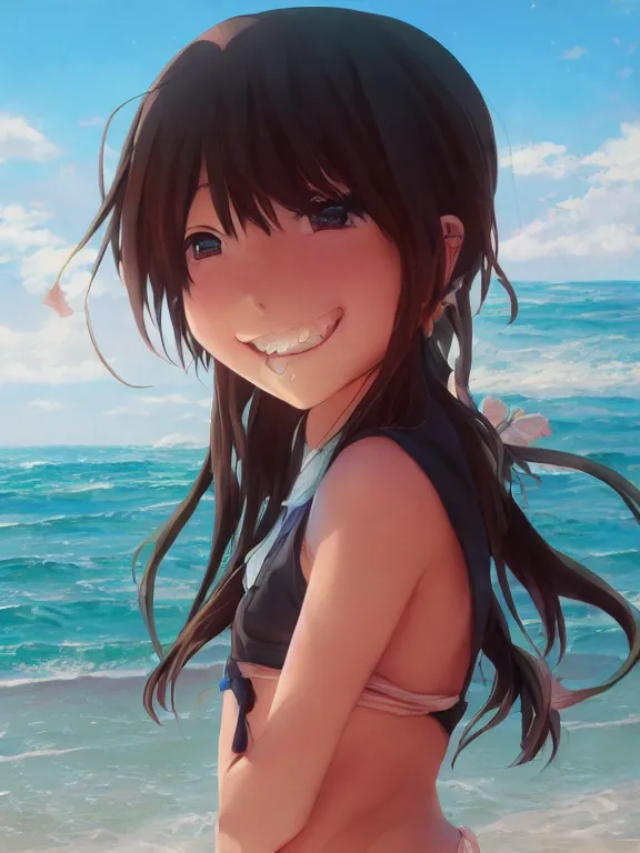 Image similar to An anime portrait of a smiling girl on the beach near the ocean, young child, medium shot, whole head, trending on artstation, by Stanley Artgerm Lau, WLOP, Rossdraws, James Jean, Andrei Riabovitchev, Marc Simonetti, and Sakimi chan