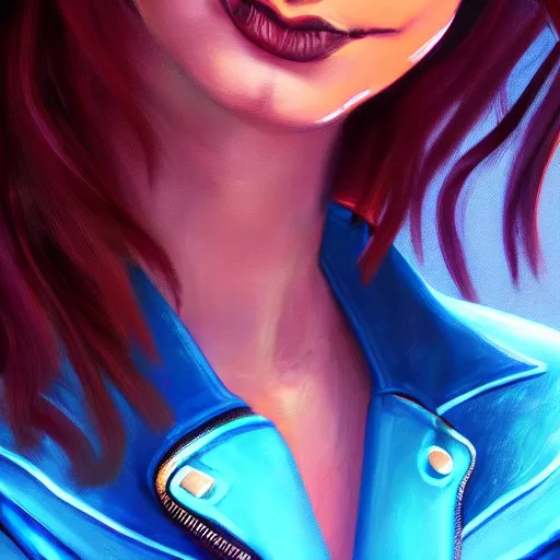 Image similar to closeup painting of a very beautiful young mexican cyberpunk woman smirking, wearing light blue shutter shades and a dark brown leather jacket, one side haircut, long brown hair with light blue ends, portrait, hyperdetailed, artstation, cgsociety, 8 k, synthwave by tangerine dream