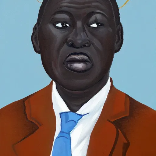 Image similar to a painting of a loving, caring fatherly wide forehead, aquiline nose, round face, XXL , generous, ever-present, humble, wise elder from Kenya in a silver suit and red tie by Kara Walker . Fatherly/daddy, focused, loving, leader, relaxed. Gold background, heavenly lights, details, smooth, sharp focus, illustration, realistic, cinematic, artstation, award winning, rgb , unreal engine, octane render, cinematic light, macro, depth of field, blur, light and clouds, highly detailed epic cinematic concept art CG render made in Maya, Blender and Photoshop, octane render, excellent composition, dynamic dramatic cinematic lighting, aesthetic, very inspirational, arthouse.