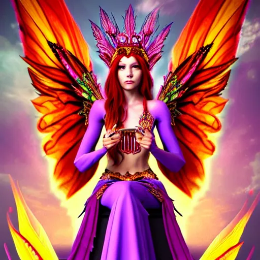 Prompt: Half Fey Princess sorceress with red flaming bird wings on her back and sitting on an ornate throne dressed in a fancy purple dress, Fantasy, Full Portrait, High detail, realistic, planeswalker