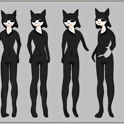 Image similar to A reference sheet for a formally dressed black cat, digital art