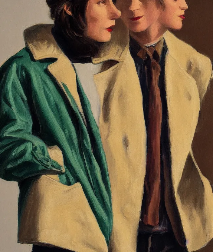 Prompt: a very detailed painting of an 8 0 s jacket with big shoulder pads, very aesthetic leather jacket, detailed closeup of leather jacket, front view, very fashionable, in the style of edward hopper and oswald hornby joseph birley and susan ryder, very small brushstrokes, 4 k,