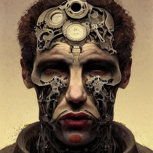 Image similar to surreal portrait of a man by Greg Rutkowski, symmetrical face, he is about 30 years old, short black hair with bangs, his features are a mix between French, Turkish and Russian, transformed into a kind of biomechanical transhuman god, uncany but fascinating, expression of epiphany and determination, cosmic void background, frightening, fascinating, highly detailed portrait, digital painting, book cover, artstation, concept art, smooth, sharp foccus ilustration, Artstation HQ