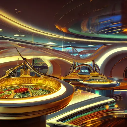 Image similar to futuristic casino, crisp, artistic, artstation, luxury, las vegas, beautiful, concept art, dim painterly lighting volumetric aquatics