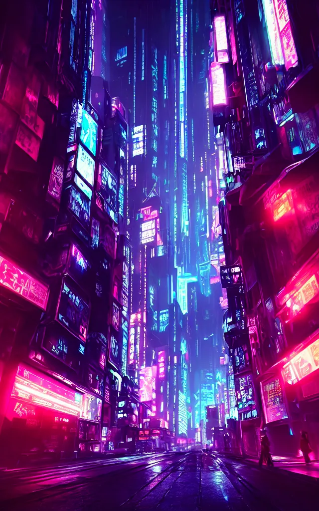 Image similar to concept art of a magnificent dark neon futuristic cyberpunk city bustling street at night cyberart in the style of liam wong in the film akira rendered in octane, 3 d render, trending on cgsociety, blender 3 d, displacement mapped, sharp focus