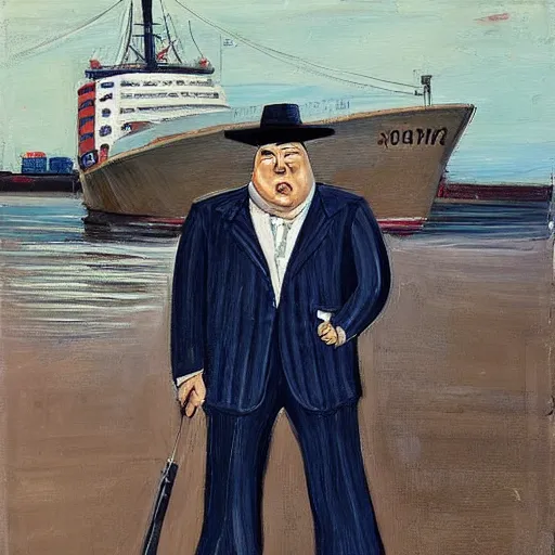 Image similar to A large man in a blue pinstripe suit with a cane stepping off of a cargo ship onto the docks, art, painting, villain