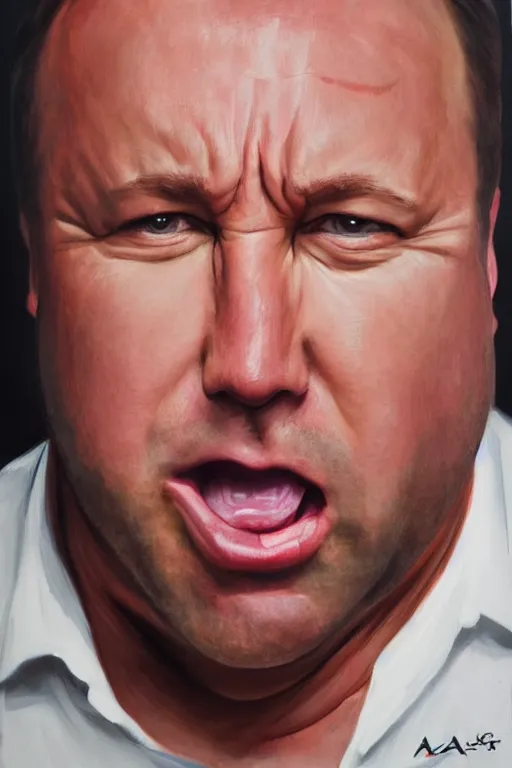 Prompt: oil portrait of angry alex jones, epic, cinematic, highly detailed