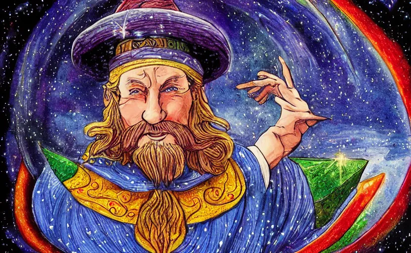 Image similar to wizard with the universe as a pattern on his hat, hd, highly detailed, intricate