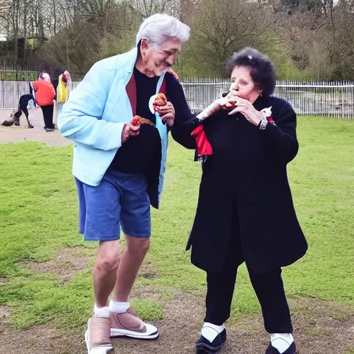 Prompt: went to the park and saw my nan eating a banana with elvis presley they were dancing on ice