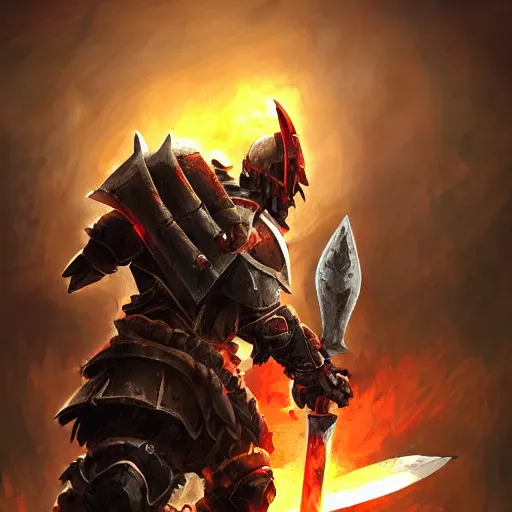 Prompt: Ares the god of war with heavy armor and sword, heavy knight helmet, dark sword in Ares's hand, war theme, bloodbath battlefield background, fiery battle coloring, hearthstone art style, epic fantasy style art, fantasy epic digital art, epic fantasy card game art