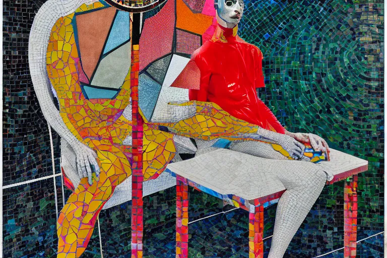 Image similar to portrait of a morphed mosaic painted harlequin sitting on a plastic garden chair looking into a screen doing makeup by james jean and luc tuymans and beeple and hernan bas and pat steir and hilma af klint, psychological, dripping paint, high quality render, masterpiece