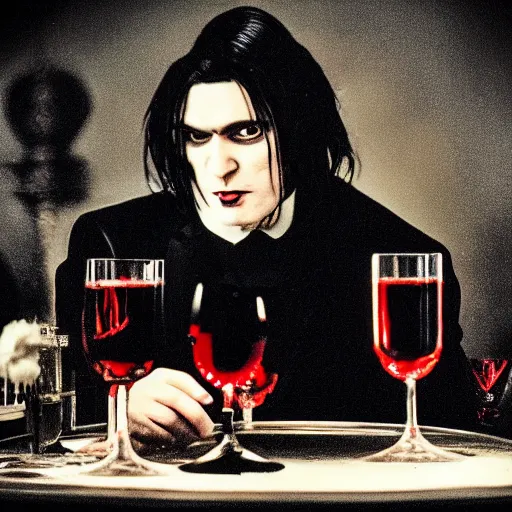 Prompt: vampire dressed in black and red formal clothing, with long black hair and a clean shaven face. the vampire is holding a glass of red wine and sitting at an ornate dinner table. cinematic shot, candlelit, ominous, photo.