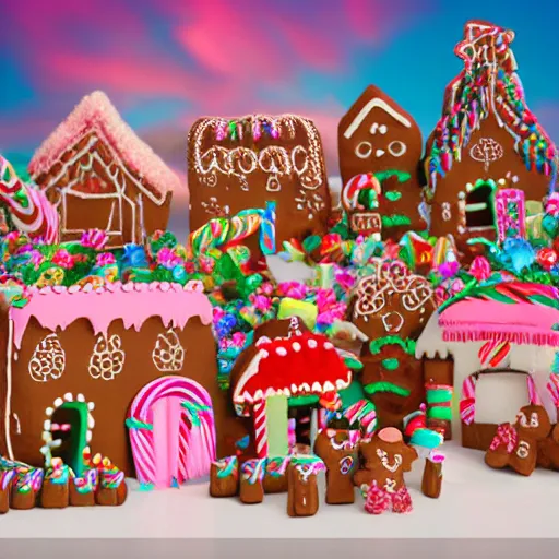 Image similar to Village made of candy with gingerbread people and with pink cotton candy clouds in the sky realistic