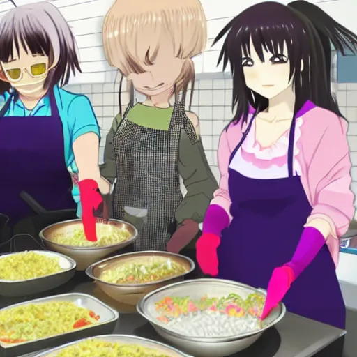 Image similar to 5 anime sisters cooking rice in Daly City creating hot fog