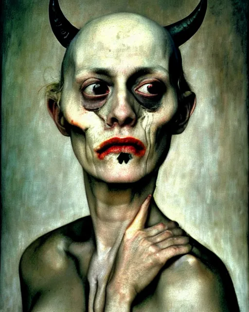 Image similar to a close up portrait of the devil with a blank cold expression, by joel peter witkin and hieronymus bosch and annie liebovitz, very pale skin, very blurry, translucent white skin, foggy, oil painting, photorealistic, anatomically correct, beautiful perfect face, visible brushstrokes, sharp focus, highly detailed, cinematic lighting, 8 k, hd