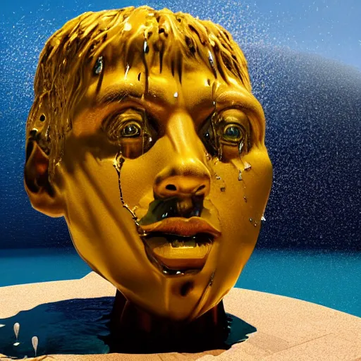 Prompt: a giant dripping water sculpture of a human head on the ocean water, cinematic, in the style of chad knight, long shot, hyper detailed, hyper realistic, ray tracing, 8 k resolution, sharp focus, realistic water, award winning