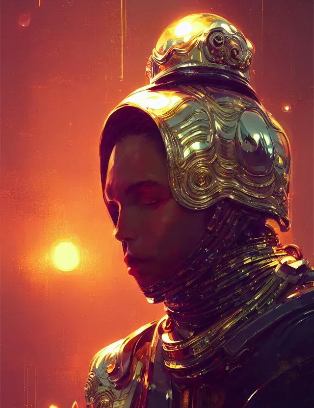 Image similar to futuristic priest, reflective chrome armor, super intricate gold ornaments artwork by tooth wu and wlop and alena aenami and greg rutkowski