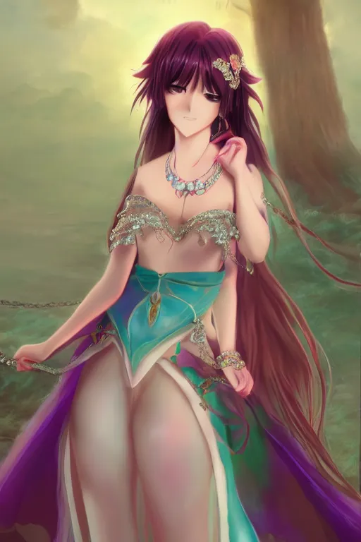 Image similar to Anime sad princess in full figure wearing an exotic evening gown and jade necklace, evening, detailed painting, WLOP, Artstation