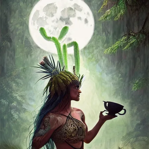 Image similar to spartan shaman drinking tea with trichocereus background and smoke haze, full moon, wolf, photo in the style of the celestine prophecy, wlop, artgerm, greg rutkowski and alphonse mucha