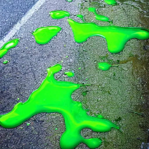 Image similar to a sticky puddle of green luminous goop on the pavement in a back alley