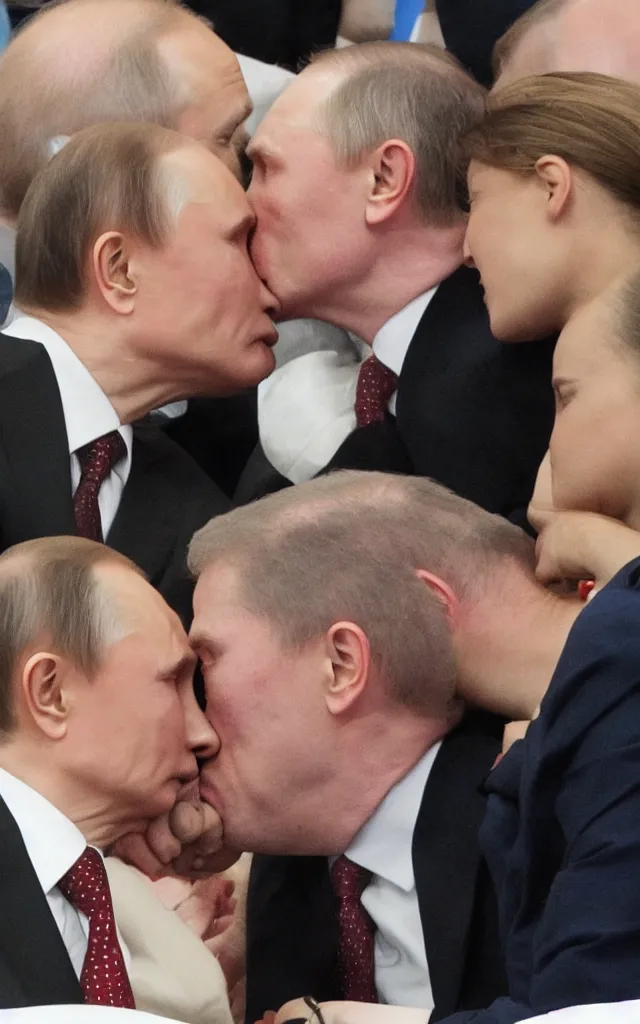 Image similar to vladimir putin kissing selensky with tongue, hyperrealistic