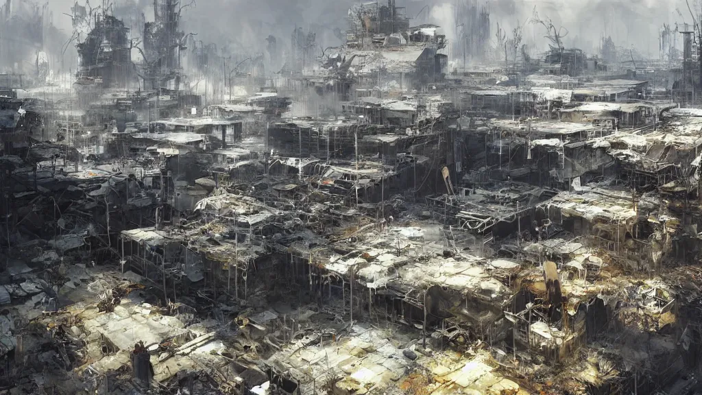 Image similar to post - apocalyspe settlement with houses, hydroponic farms, painted by tsutomu nihei, painted by craig mullins, painted by greg rutkowski