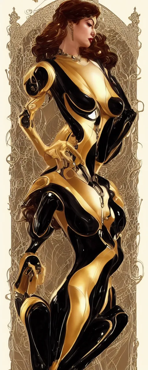 Prompt: beauty art nouveau woman, black and gold robotic, trending on artstation, by Artgerm