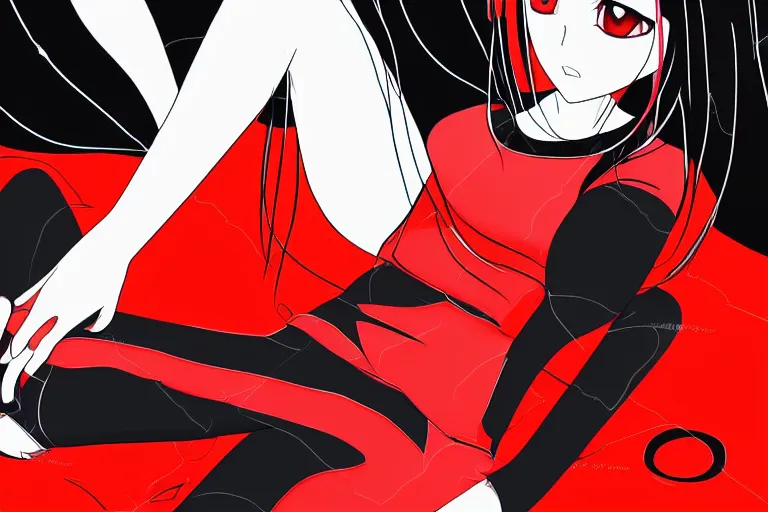 Prompt: a girl laying on her knees, wearing a black outfit with red trim, vector shaded anime style, detailed anime digital art, 4 k