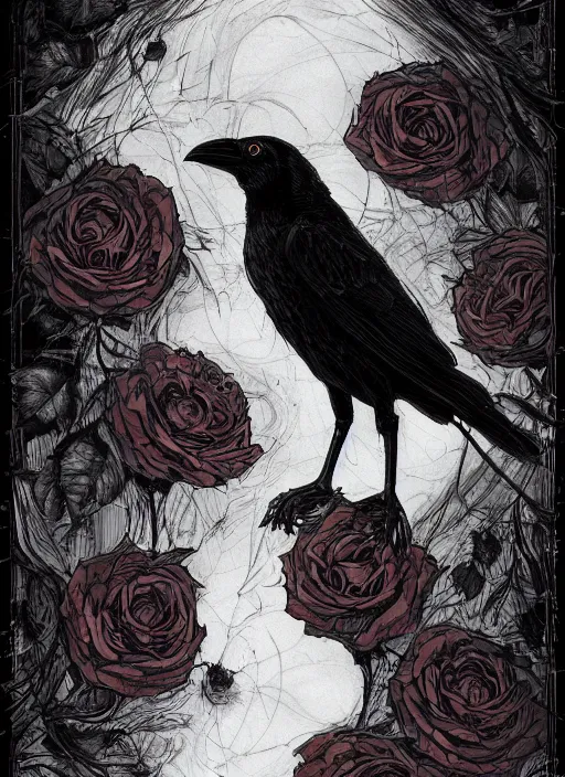 Image similar to portrait, A crow with red eyes in front of the full big moon, book cover, red roses, red white black colors, establishing shot, extremly high detail, foto realistic, cinematic lighting, pen and ink, intricate line drawings, by Yoshitaka Amano, Ruan Jia, Kentaro Miura, Artgerm, post processed, concept art, artstation, matte painting, style by eddie mendoza, raphael lacoste, alex ross