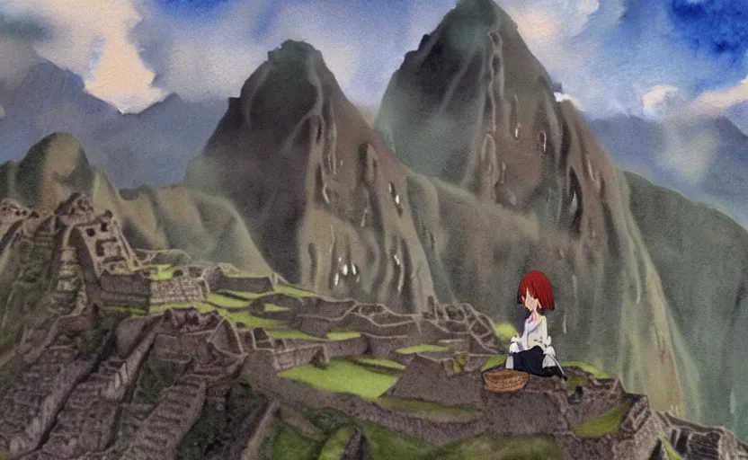 Prompt: a realistic and atmospheric watercolor from howl's moving castle ( 2 0 0 4 ) of a witch in lotus position in machu pichu. very dull muted colors, hd, 4 k, hq