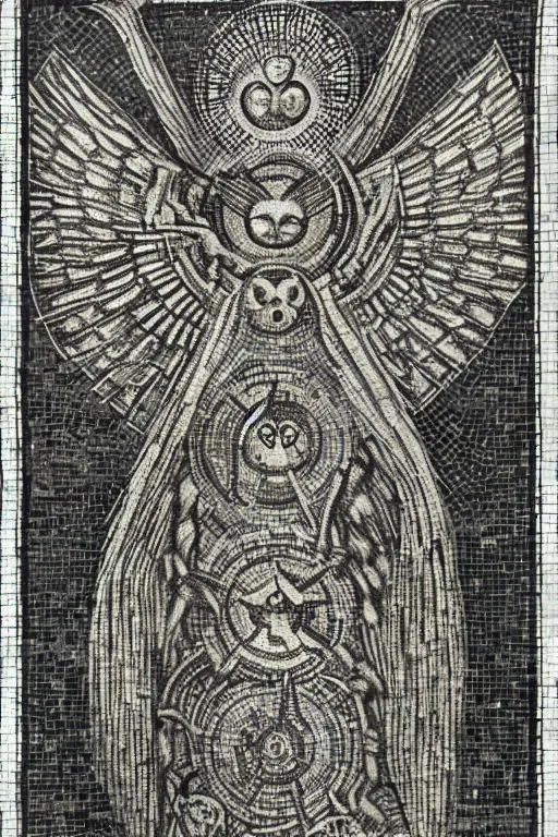 Prompt: realistic medieval etching mosaic of the owls of astarte, intrincate detail, clear cross hatching, detailed faces. by austin osman spare, occult art, alchemical diagram