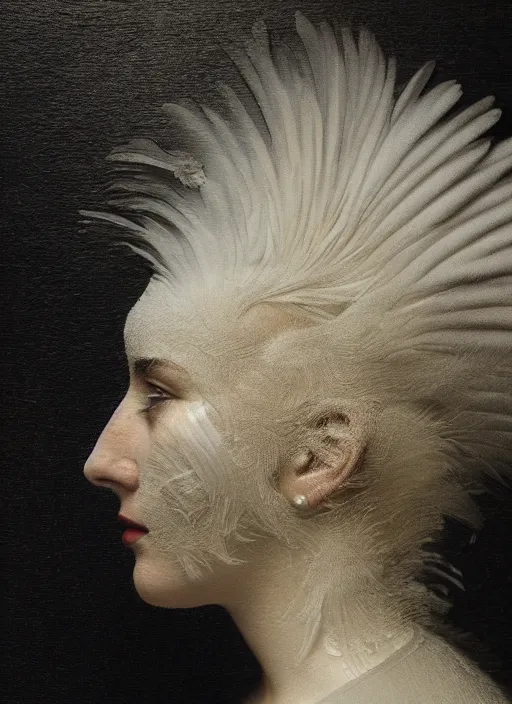 Image similar to a woman's face in profile, made of exotic swan feathers, in the style of the Dutch masters and Gregory Crewdson, dark and moody