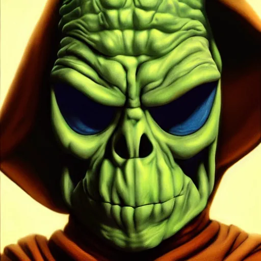 Prompt: ultra realistic portrait painting of skeletor as yoda, art by akira toriyama, 4 k, dragon ball artstyle, cel shaded, highly detailed, epic lighting