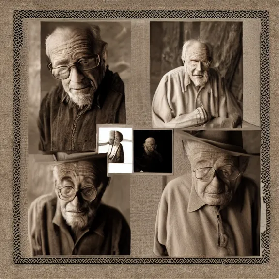 Image similar to portrait of an old man, sepia photography, gestalt scrapbooking montage