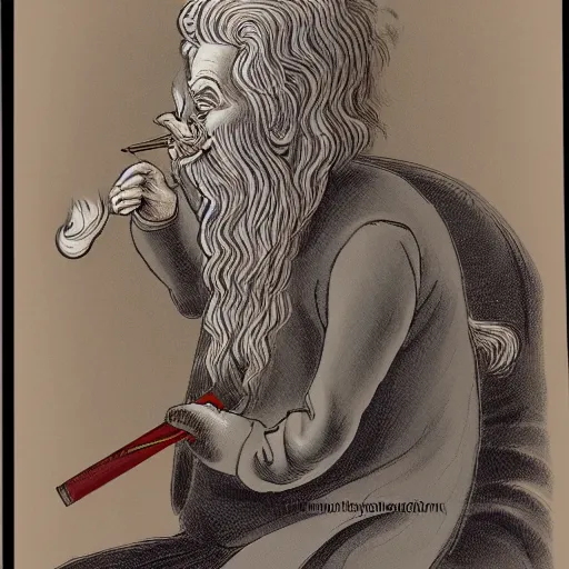 Prompt: highly detailed figure of a person with long white hair coming depicted as smoke coming out from smoking pipe, meditation, comic art, intricate, elegant.