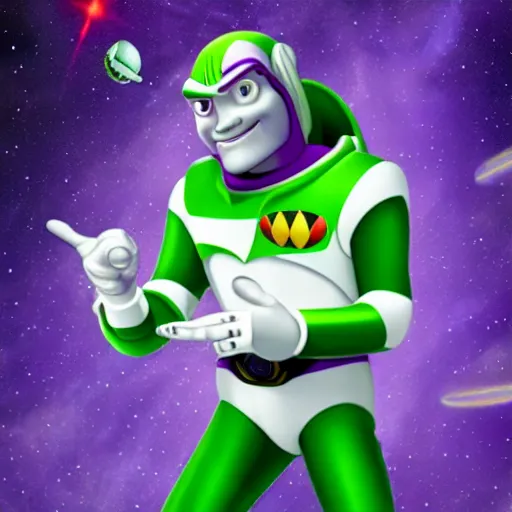 Image similar to snoop dogg as buzz lightyear flying through space fighting the power rangers with lazers