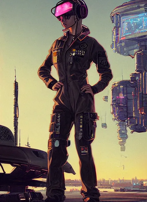 Image similar to Feminist Maria. Gorgeous female cyberpunk mechanic wearing a cyberpunk headset, military vest, and pilot jumpsuit. gorgeous face. Realistic Proportions. Concept art by James Gurney and Laurie Greasley. Moody Industrial skyline. ArtstationHQ. Creative character design for cyberpunk 2077.