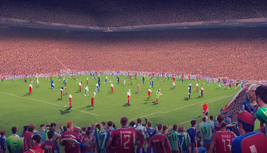Prompt: 2 0 3 0 fifa world cup match, inside the crowded stadium, players on the field, hyperdetailed, artstation, cgsociety, 8 k