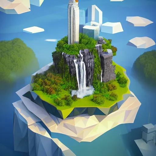 Image similar to manhattan on a floating island with a waterfall in the sky, low poly art, isometric art, 3d render, ray tracing, high detail, artstation, concept art, behance, smooth, sharp focus, ethereal lighting