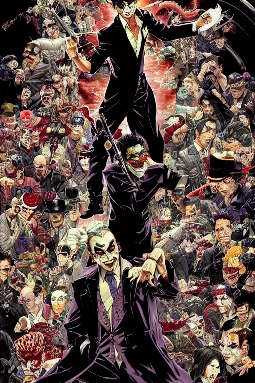 Prompt: poster of joker as a yakuza gangster, by yoichi hatakenaka, masamune shirow, josan gonzales and dan mumford, ayami kojima, takato yamamoto, barclay shaw, karol bak, yukito kishiro, highly detailed